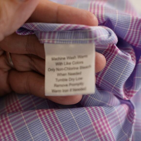 Pronto Uomo Pink‎ Blue Plaid 15.5 32/33 Non Iron Slim Fit Collared Dress Shirt - Picture 10 of 11